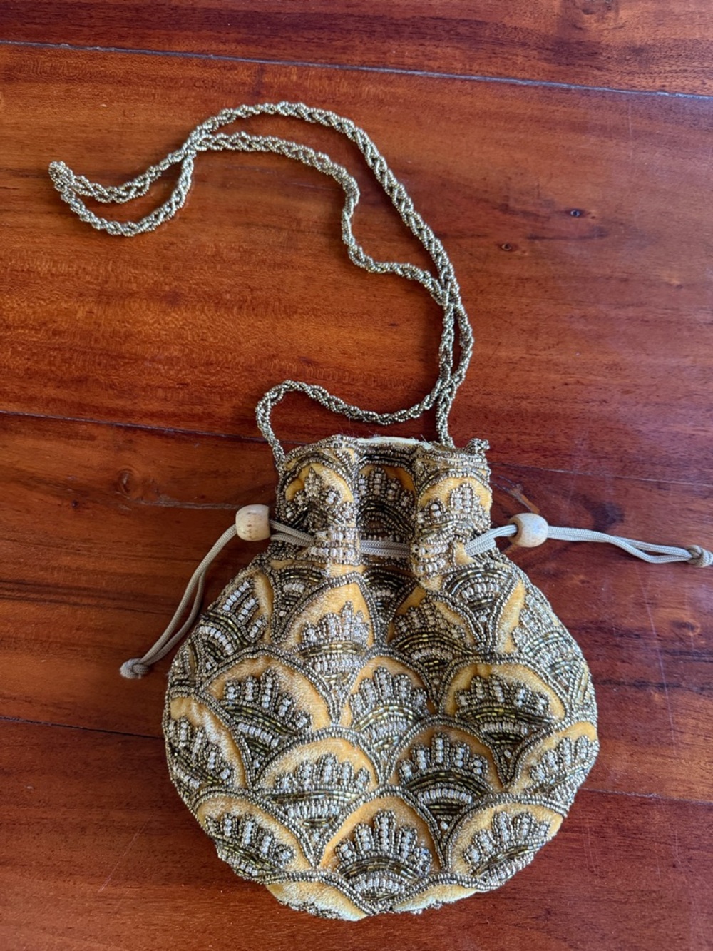 Beaded Yellow Drawstring Evening Bag